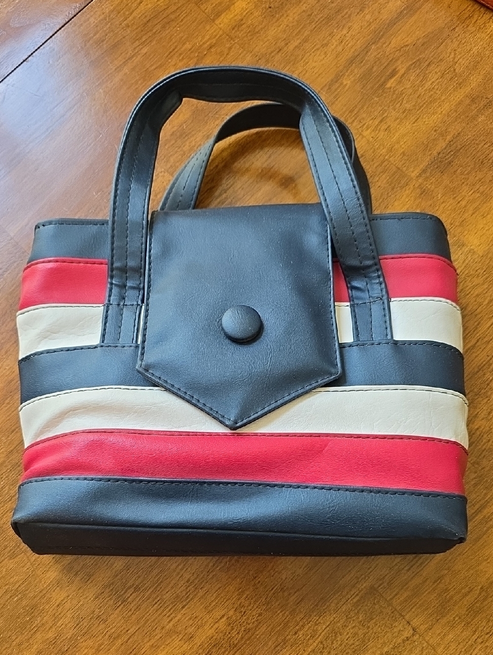 Vintage 1970s Naugahyde Striped Navy, Red & White Women’s Top-Handle Bag